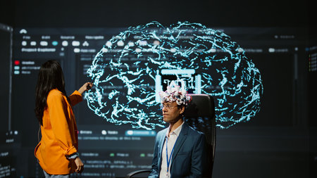 Company CEO using summit as platform to launch latest AI EEG headset product. Neuroscientist doing demonstration at forum in front of business leaders interested in artificial intelligence, camera Bの写真素材