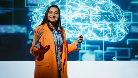 AI specialist showcasing cutting edge technologies, sharing industry knowledge. Speaker from across various industries come together to discuss latest developments in AI and Big Data, camera Aの写真素材