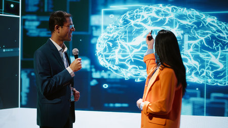 Presenter and guest chatting during AI summit discussion panel bringing together tech companies, exploring latest developments in artificial intelligence industry and emerging technologies, camera Aの写真素材