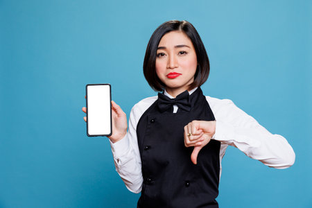 Asian waitress displaying smartphone blank touchscreen mockup and showing thumb down gesture portrait. Disappointed woman receptionist presenting mobile phone empty screen and expressing dissatisfactionの写真素材