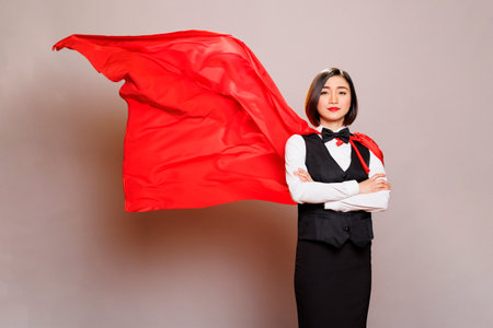 Serious asian receptionist dressed in professional uniform and superhero fluttering red cloak standing with arms crossed portrait. Cafeteria waitress wearing superman cape showing confidenceの写真素材