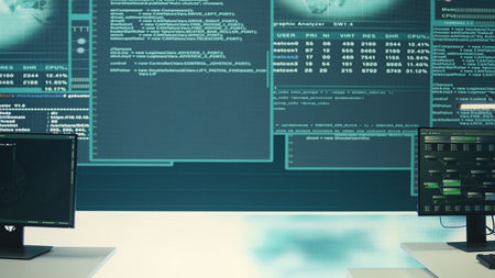 Empty governmental cyber defense and surveillance room equipped with cutting edge advanced...