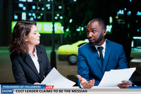 Diverse hosts worrying about cult leader calling for recruits and followers, presenters discussing about issues and daily events. Presenters team reading news headlines on live night show.の写真素材