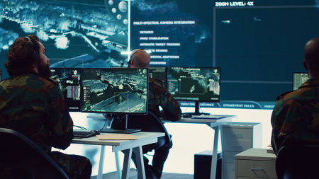 Privates team operates on radar systems to detect and track enemy aircraft or missiles, national safety within their department. Analyze weather conditions to protect planned operations. Camera A.の写真素材