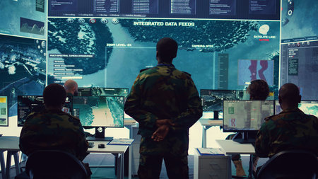 Army officer examining satellite surveillance footage on a big screen for reconnaissance, gathering intelligence to ensure national safety. Secret service federal agency works on defense. Camera B.の写真素材