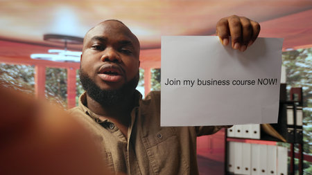 POV of business expert advertising his entrepreneurship online class, teaching people the basics of developing a startup during coaching courses. Successful entrepreneur hosts a webinar.の写真素材