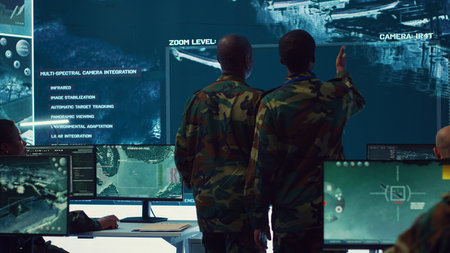 High ranking military personnel briefs the crew for a new federal mission, showing CCTV footage of satellite radar target ships for reconnaissance. Army officers provide intelligence. Camera A.の写真素材