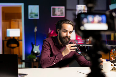 Media star talking into microphone, using professional recording equipment to film vlog channel intro for online streaming platforms. Man greets fans, speaking in mic to present video topic of the dayの写真素材