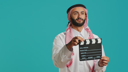 Middle eastern guy with clapboard used for scene takes on movie industry, young director using cinematography filming slate. Arab filmmaker wearing traditional muslim attire and scarf.の写真素材