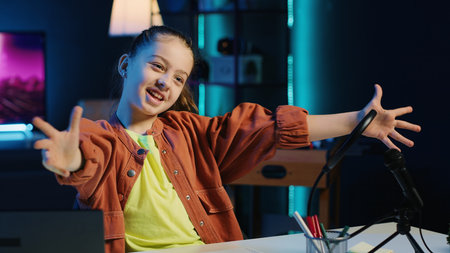 Smiling child filming video for her newly opened online channel, talking with viewers. Gen Z internet star telling audience her name and what topics she wishes to explore in future clipsの写真素材