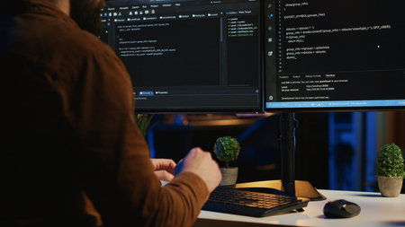 Software engineer typing on keyboard buttons, writing lines of code in apartment office. Close up shot of IT expert pressing computer peripheral keys, working from home, programmingの写真素材