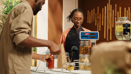 Merchant weighting organic produce for customer at checkout, placing all fresh fruits and veggies on scale at cash register. Woman vendor selling eco friendly nonpolluting merchandise. Camera 1.の写真素材