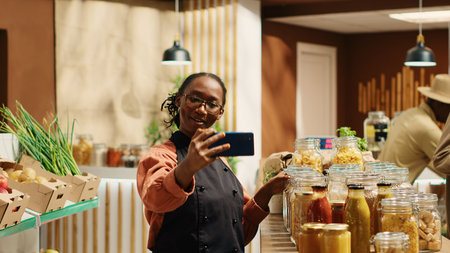 Zero waste store employee filming their natural products in recyclable jars, working on online commercial. Woman records video presenting homemade ethically sourced items on sale. Camera 1.の写真素材