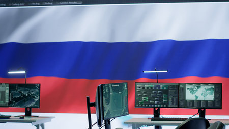 Russian military headquarters equipped with high tech equipment to gather intelligence and spread fake news, warfare propaganda to scare population. Empty control center for the army. Camera A.の写真素材