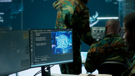 IT software engineer collecting real time data from neural network AI brain, machine learning and data mining algorithms to assist troops with defense missions. Cognitive computing. Camera A.の写真素材