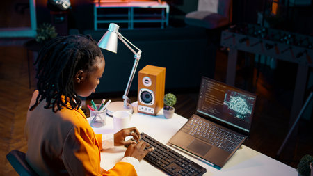 IT student works with artificial intelligence brain system on laptop, translating natural language...