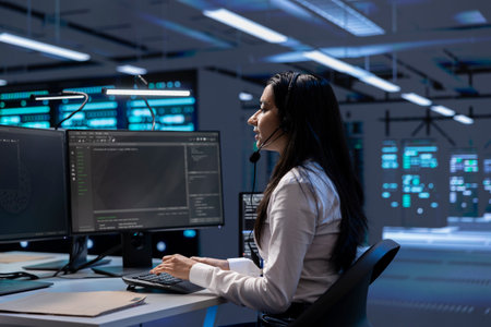 Data center support expert supporting engineering team doing equipment maintenance, talking in headset microphone. Woman in server farm coordinating technicians using micの写真素材