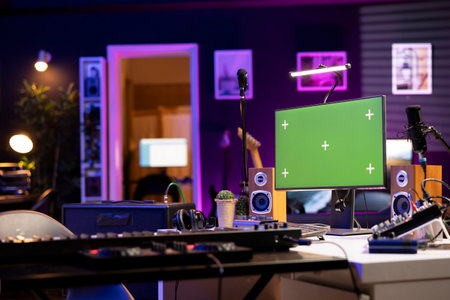 Creative office used for recording music and mixing with daw software, various electronic equipment and tools for mix and master performance. Empty home studio with mixing panel and amplifier.の写真素材