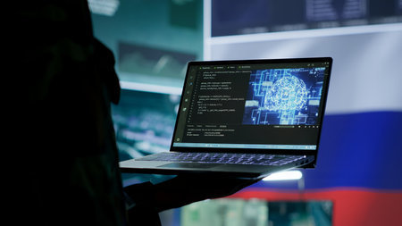 Russian IT expert uses new technology machine learning to spread fake news and cyber war propaganda, making national threats via neural network digital science. Army stealing information. Camera A.の写真素材