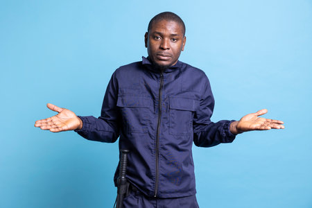 African american unsure security officer does i dont know symbol on camera, raising his shoulders and acting clueless or confused about something. Doubtful bodyguard is uncertain in studio.の写真素材