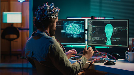 Computer engineer trying to make EEG headset work, researching brain machine transferring. Man doing SF online consciousness uploading, trying to transcend out of simulation, camera Aの写真素材