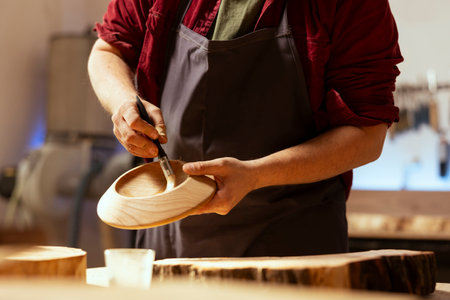 Artisan applying paint on wood object using paintbrush after sanding surface to ensure smoothness, close up. Artist in studio lacquering wooden bowl to build up protective layerの写真素材