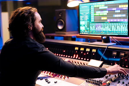 Audio technician operating daw software for mixing and mastering tunes in studio, editing music on...