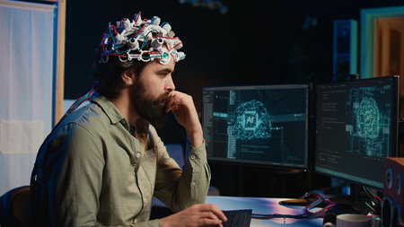 IT expert using EEG headset and machine learning to upload brain into computer, gaining immortality. Computer scientist develops AI experiment, inserting his persona into cyberspace, camera Bの写真素材