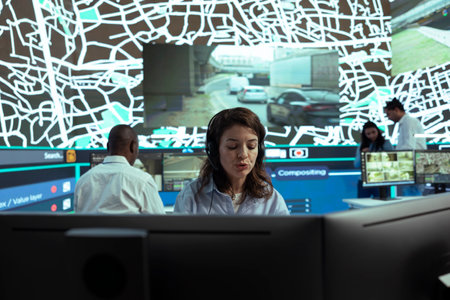 Agency dispatcher communicates cargo gps coordinates to clients, handling any order delay complains at call center department. Employee monitoring couriers stuck in heavy traffic.の写真素材