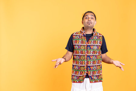 Portrait of perplexed man shrugging shoulders, hesitant to provide answer. Confused person doing questioning hand gesture, showing lack of knowledge, feeling indecisive, studio backdropの写真素材