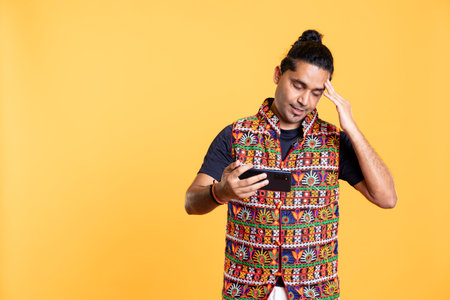 Gamer annoyed after losing online multiplayer videogame, being defeated by rival players. Indian man shocked and gutted after seeing game over message, holding phone, studio backgroundの写真素材