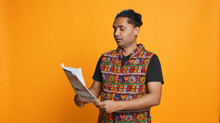 Man browsing though financial audit report files, slapping them in anger, disappointed by results, studio background. Upset indian worker frowning, annoyed by paperwork, camera Bの写真素材