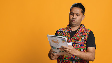 Man browsing though financial audit report files, slapping them in anger, disappointed by results, studio background. Upset indian worker frowning, annoyed by paperwork, camera Aの写真素材