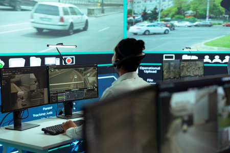 Indian agency employee working to monitor surveillance footage on a big screen, supervising traffic...