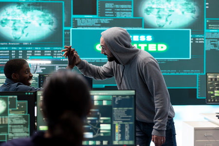 Group of professional hackers gaining access into government database to steal important information for hybrid warfare. Experts work on scams and phishing activity in high tech office.の写真素材