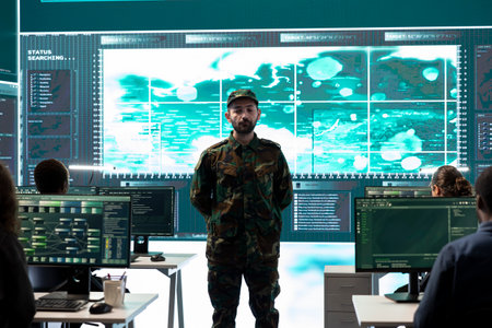 Military personnel working in a government cyber defense center, cyber attack prevention. Soldiers team securing sensitive data from spyware, ransomware and other malware threats.の写真素材