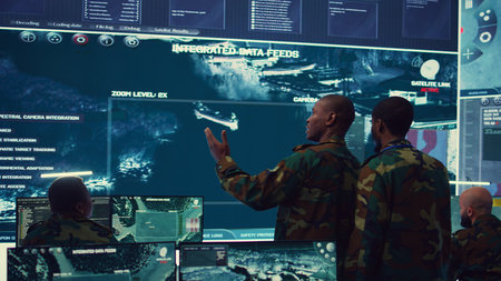 High ranking military personnel briefs the crew for a new federal mission, showing CCTV footage of satellite radar target ships for reconnaissance. Army officers provide intelligence. Camera B.の写真素材