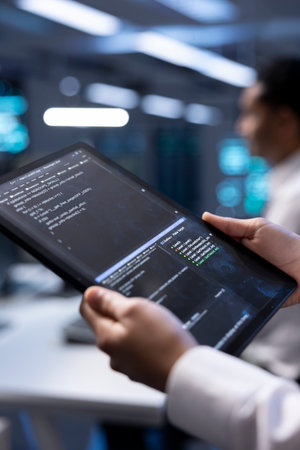 Manager in server hub using tablet to find firewall misconfigurations affecting rackmounts...