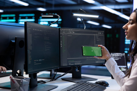 Programmer in data center taking break from work, using isolated screen mobile phone to relax....