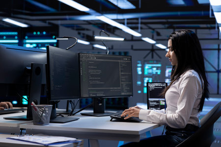 Engineer in data center running system diagnostic tests and error checking utilities to identify and...