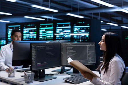 Team of engineers in data center checking emergency procedures documents to ensure system failure...