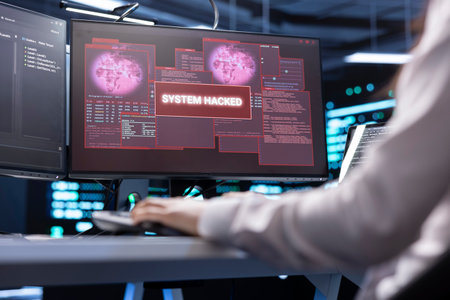IT professional in server hub trying to protect hardware from hacker stealing information. Worker in...