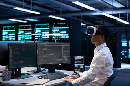 IT specialist using VR headset to do maintenance on server rows in computer network security data...