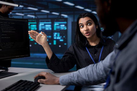 Technician arguing with colleague after seeing error in server hub while overseeing supercomputers....