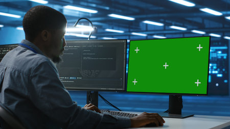 IT specialist in server farm using green screen PC ensuring valuable data remains shielded from...