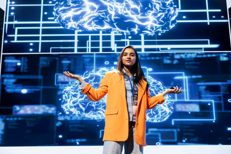 Portrait of speaker talking at event bringing together industry professionals to share insights on latest advancements in AI. CEO promoting artificial intelligence services at at expoの写真素材