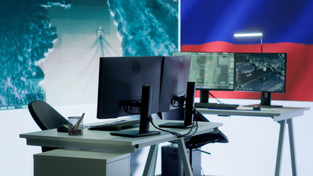 Empty army command post with the russian flag running on big screen, russian federation and...