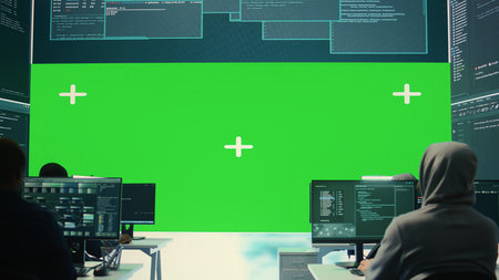 Team of hackers look at green screen in high tech agency office, working together on hacking...