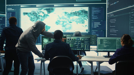 Cyber security team conducting cyber surveillance and threat detection in a governmental agency. Hackers working on cybercrime and malware prevention, data breach protection. Camera B.の写真素材
