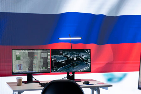 Empty army command center monitoring room agency with the russian flag on big screen. Military...